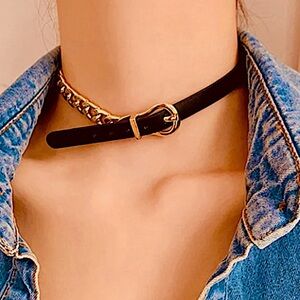 Gold Buckle Cuban Chain Link Leather Choker